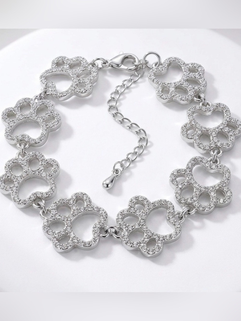 Silver Paw Print Charm Bracelet with Crystal Accents
